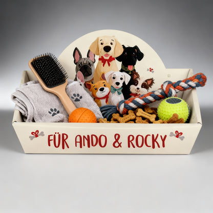 Befüllter Geschenkkorb für Hunde mit Spielzeug und Leckerlis