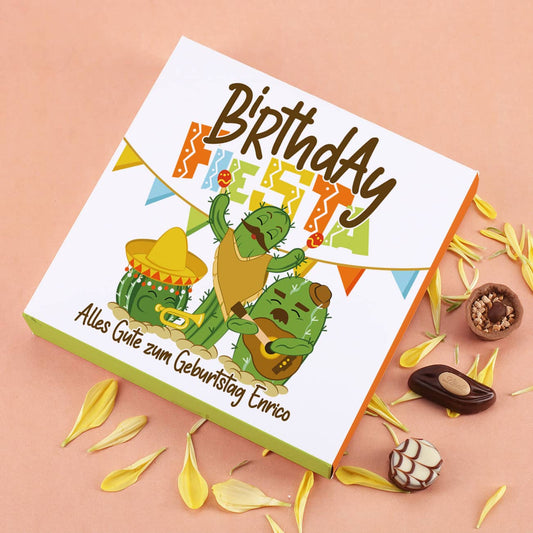 Lindt Pralinen "Birthday Fiesta" mit niedlichen Kakteen und Text bedruckt