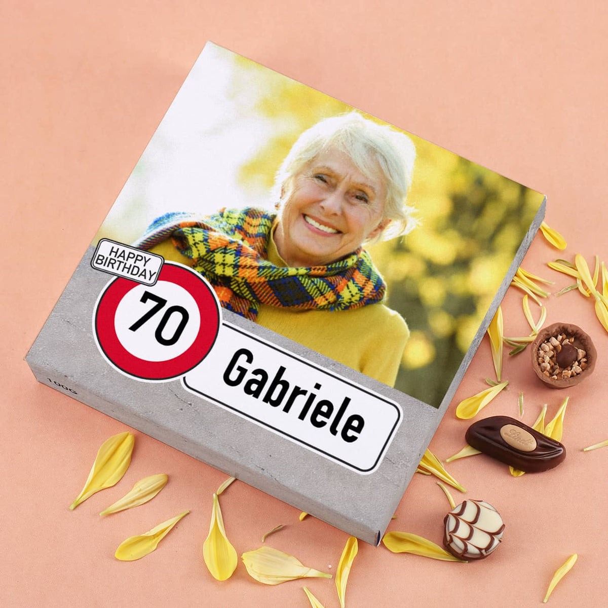 Lindt Geburtstags-Pralinen mit Verkehrszeichen, Foto, Alter & Name