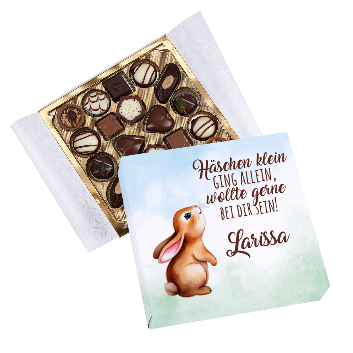 Pralinen zu Ostern mit Wunschname und Hasen-Motiv "Häschen klein ging allein, wollte gerne bei dir sein!"