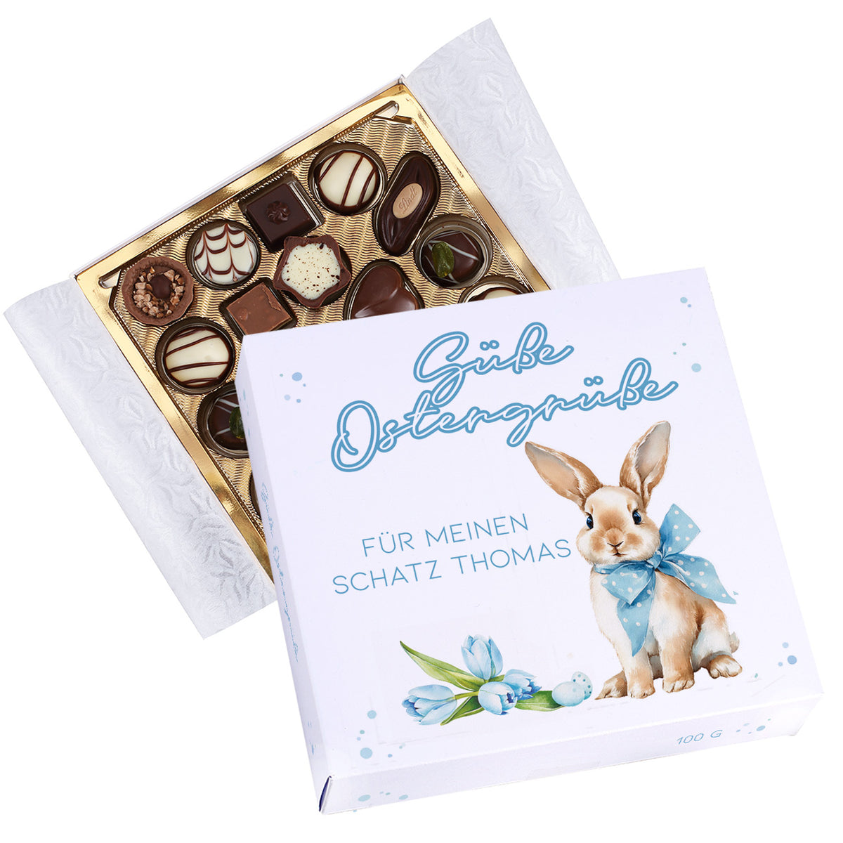Personalisierte Lindt Pralinen Ostern mit Wunschtext und Hasenmotiv auf Geschenkbox