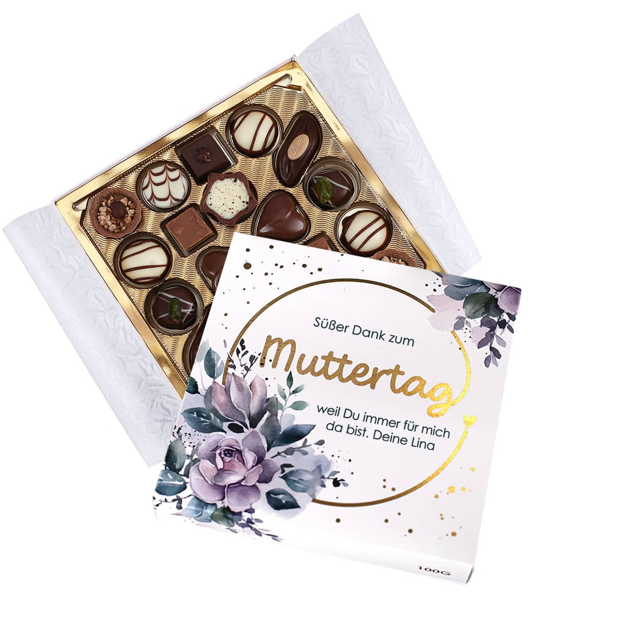 Edel verpackte Lindt-Pralinen zum Muttertag - mit Wunschtext und Goldfolie veredelt