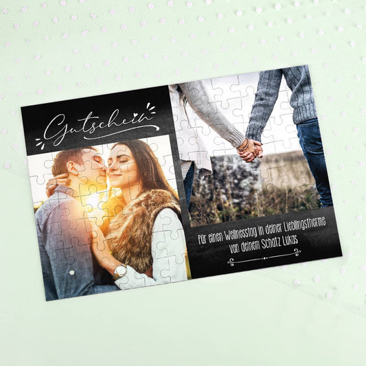 Gutschein-Puzzle mit 2 Fotos und 2 Zeilen Wunschtext
