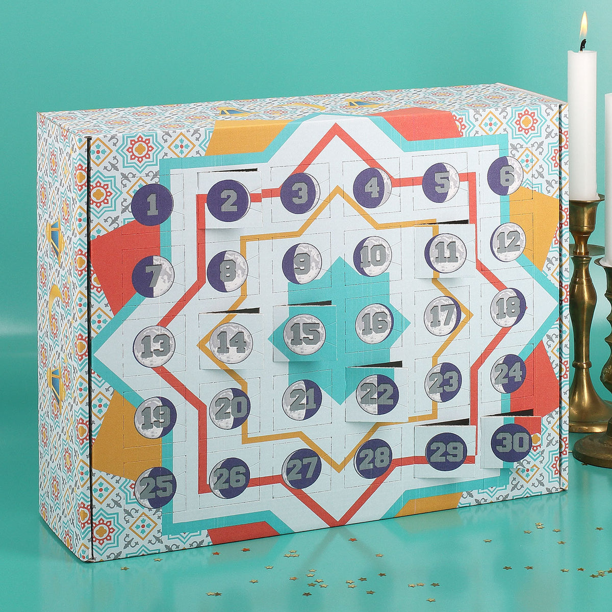 DIY Kalender zum Ramadan zum selbst Befüllen bedruckt mit 30 Mondphasen und bunten Ornamenten