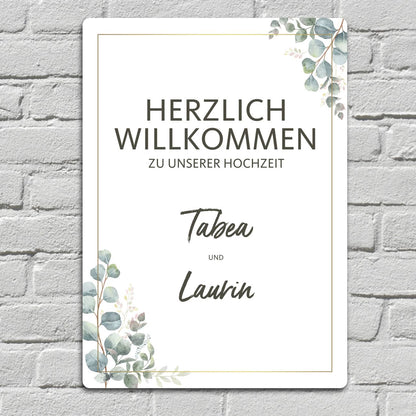Willkommensschild zur Hochzeit mit Ihren Wunschnamen und Eukalyptusmotiv 