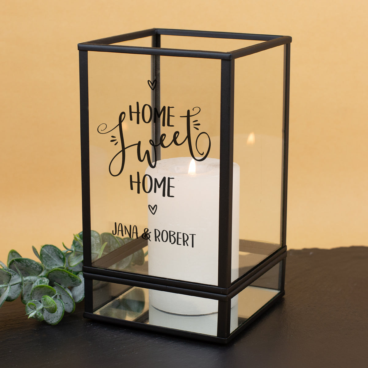 Windlicht Home Sweet Home mit Kerze und Wunschtext Jana & Robert