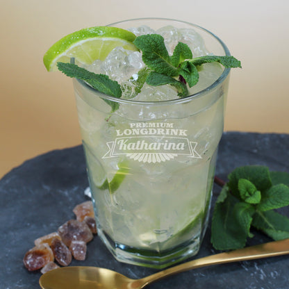 Longdrinkglas graviert mit Name und Premium Longdrink Motiv