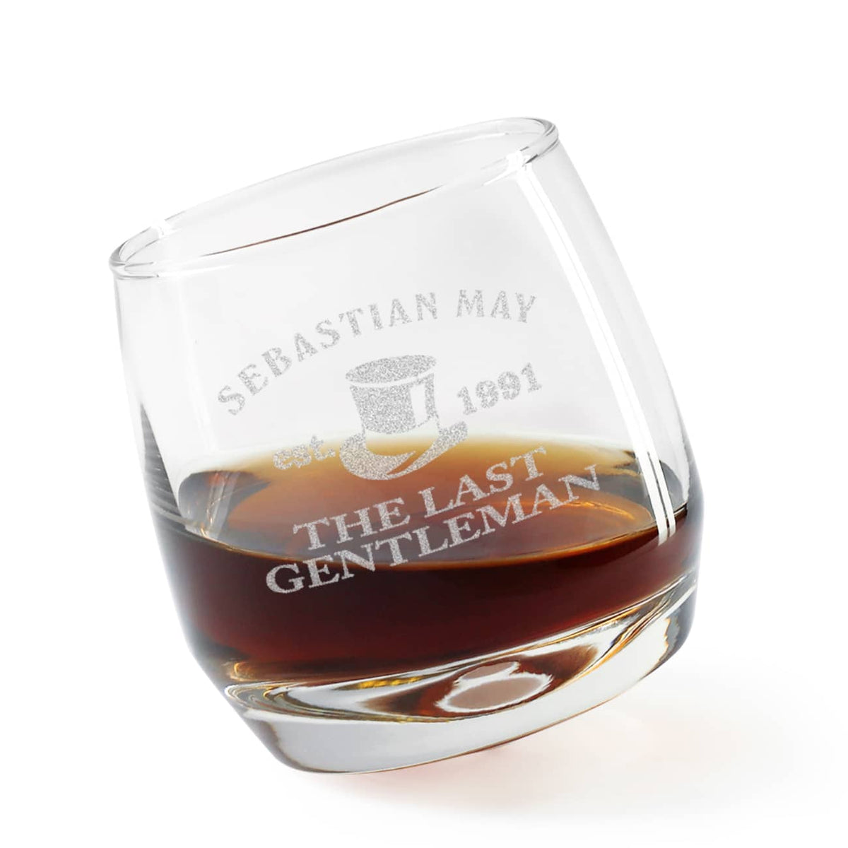 Schräg stehendes sich drehendes mit Name und Jahr graviertes Whiskyglas für Gentlemen