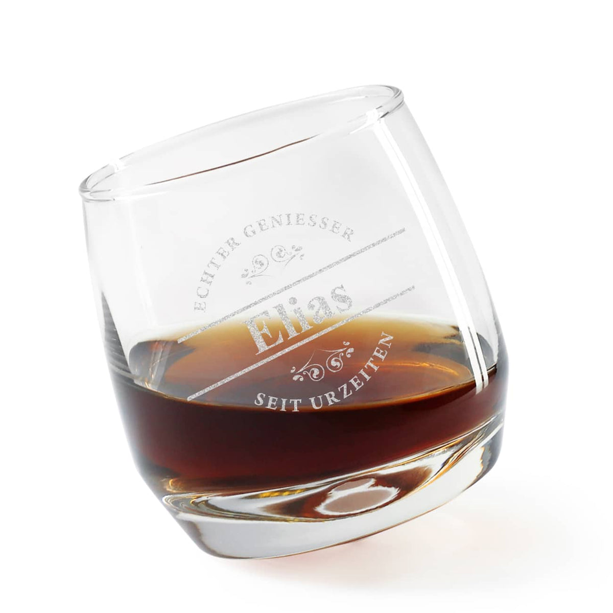 schräg stehendes im Kreis taumelndes Whiskyglas mit gravur Ihres Namens
