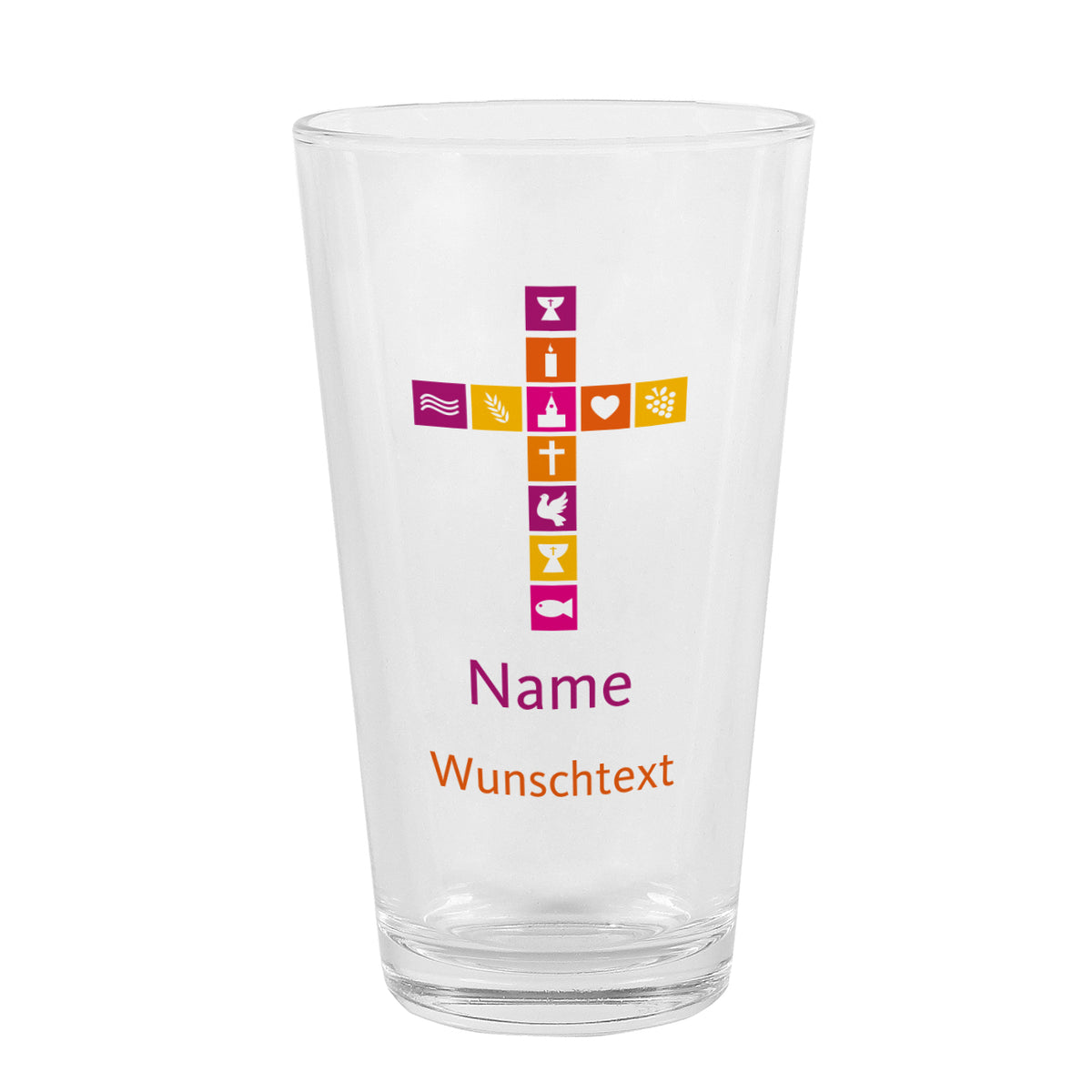 Trinkglas zur Kommunion oder Konfirmation mit Kreuz, Name und Wunschtext