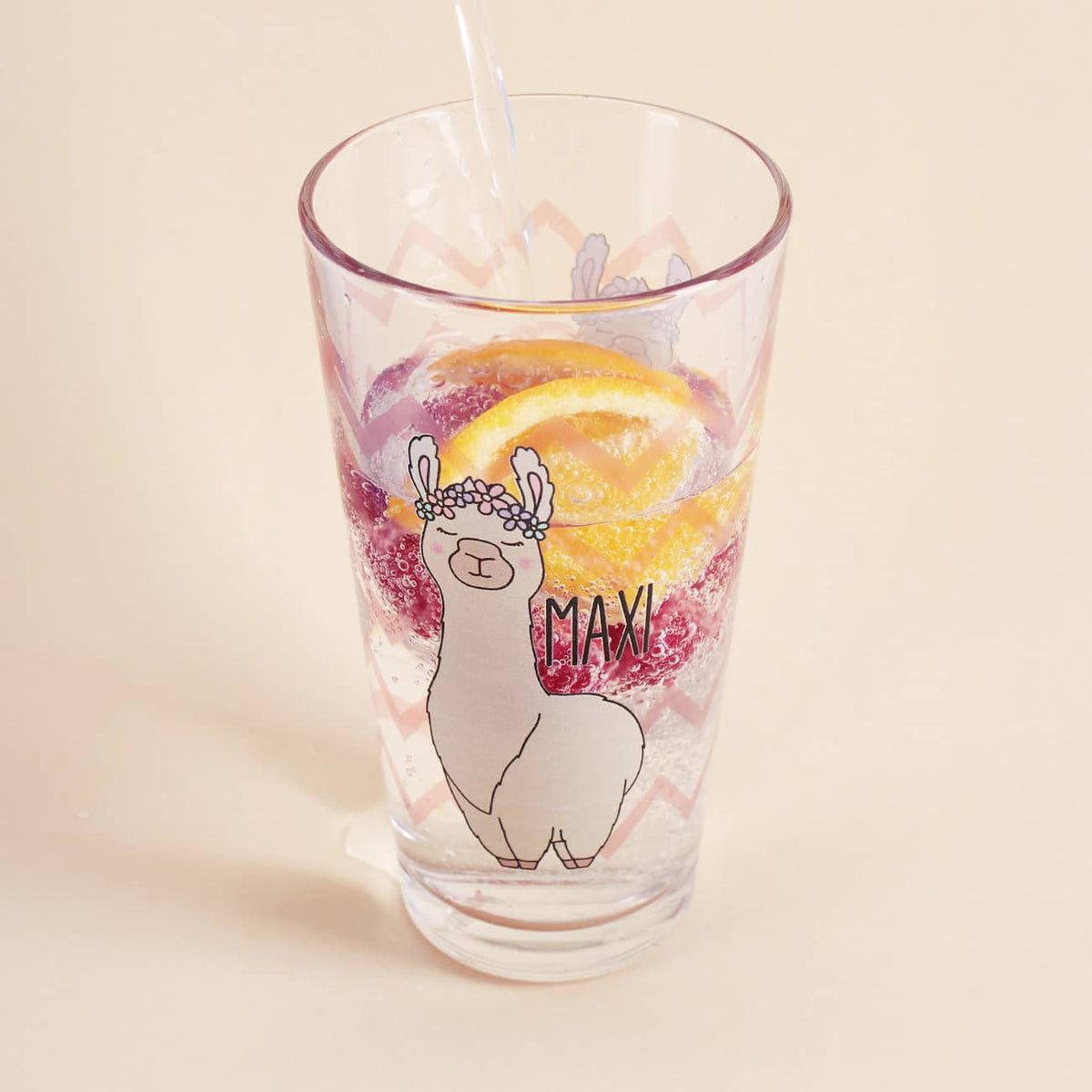 toll bedrucktes Trinkglas mit Lama und Wunschname