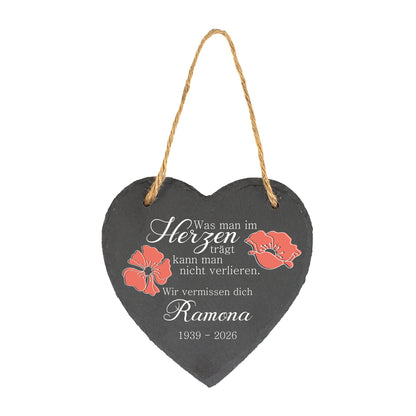 Schieferherz als Trauergeschenk mit Juteband, Mohnblumen Motiv, Name und Datum personalisiert