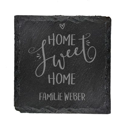 Quadratischer Schiefer-Untersetzer mit Gravur „Home sweet Home“ und Familienname