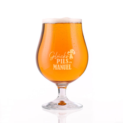 Kleines bauchiges Pilsglas mit Gravur