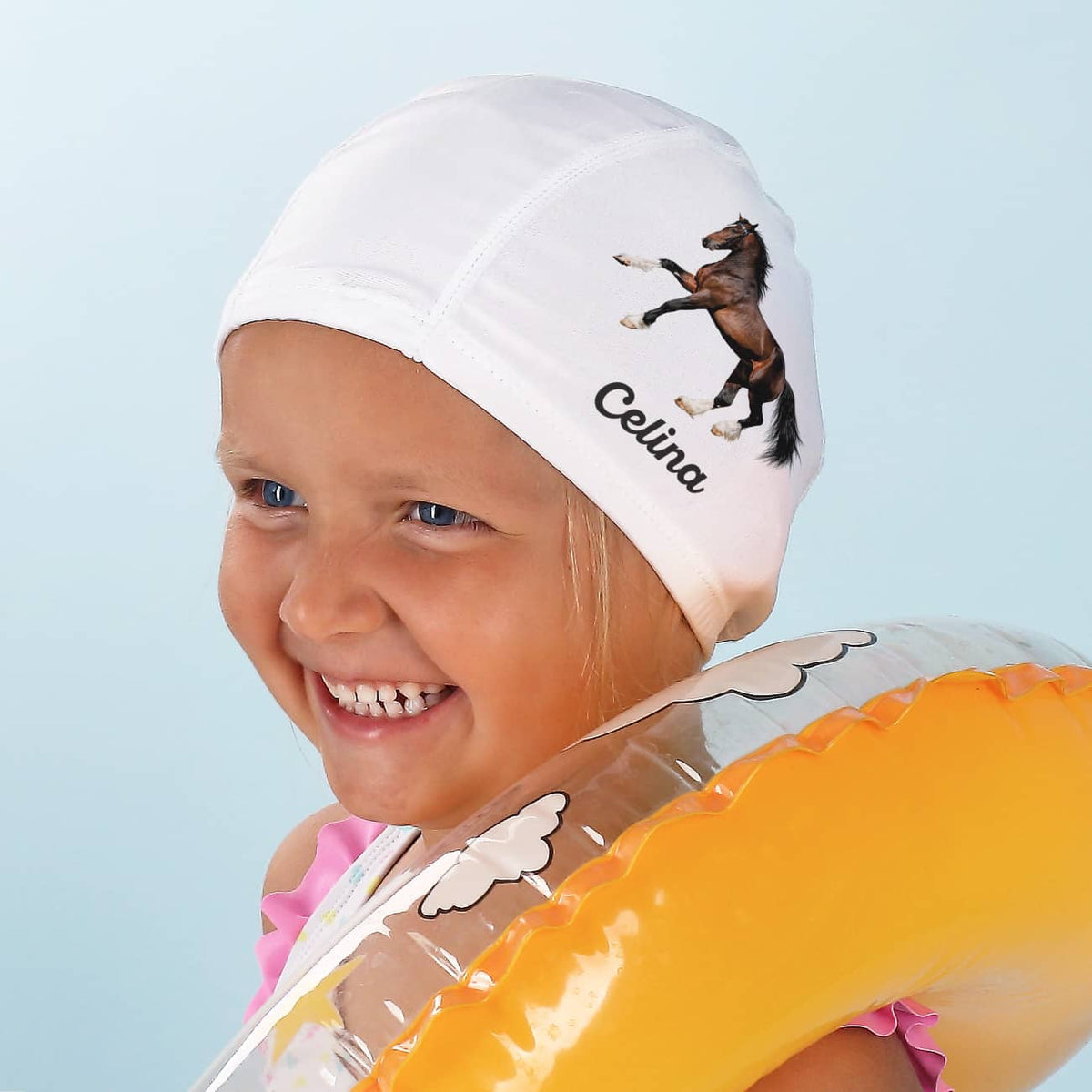 bedruckte Badekappe für Kinder mit Pferd und Wunschname