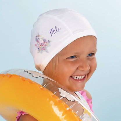 Kinderbadekappe mit Einhorn-Motiv und Name bedruckt