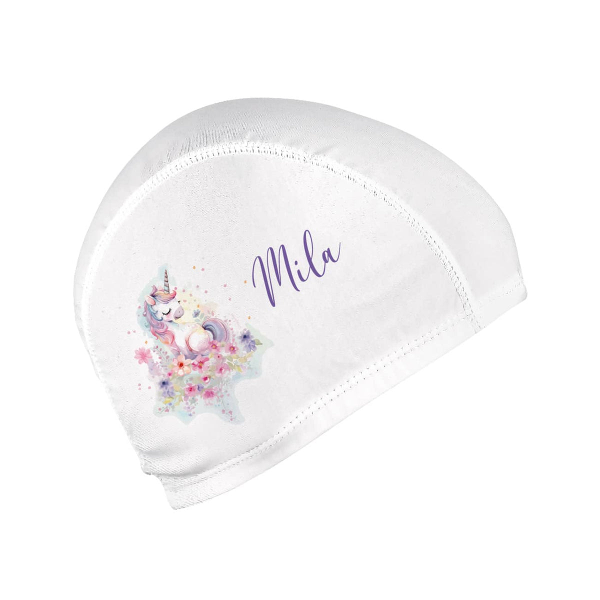 Kinderbadekappe mit Einhorn-Motiv und Name bedruckt
