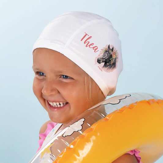 Kinderbadekappe mit Pferde-Motiv und Name bedruckt