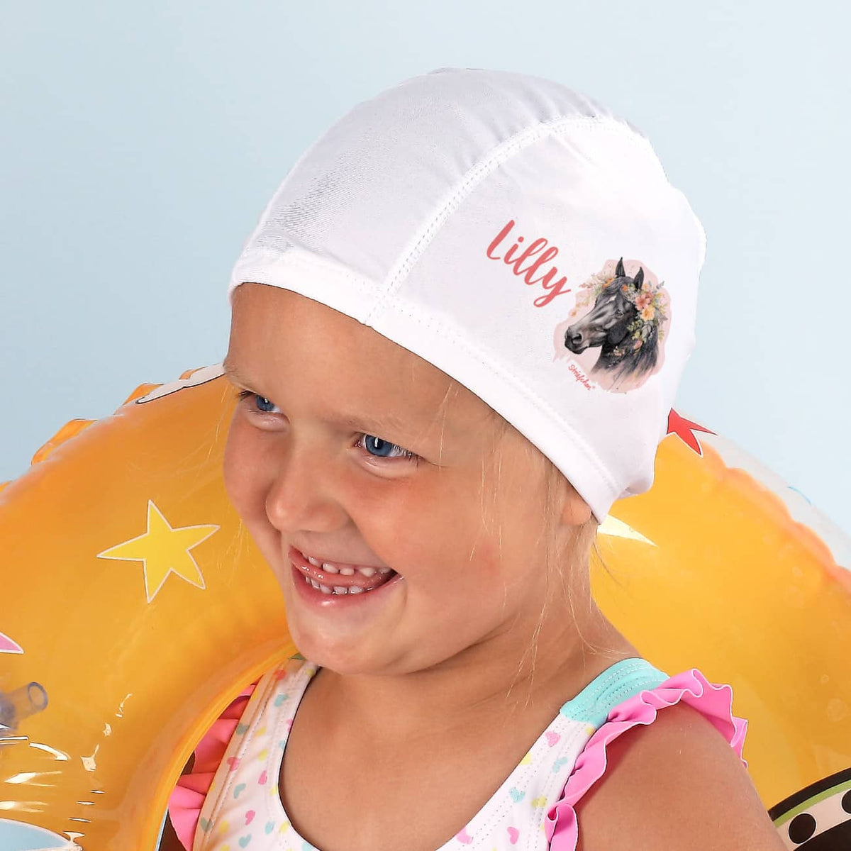 Kinderbadekappe mit Pferde-Motiv und Name bedruckt
