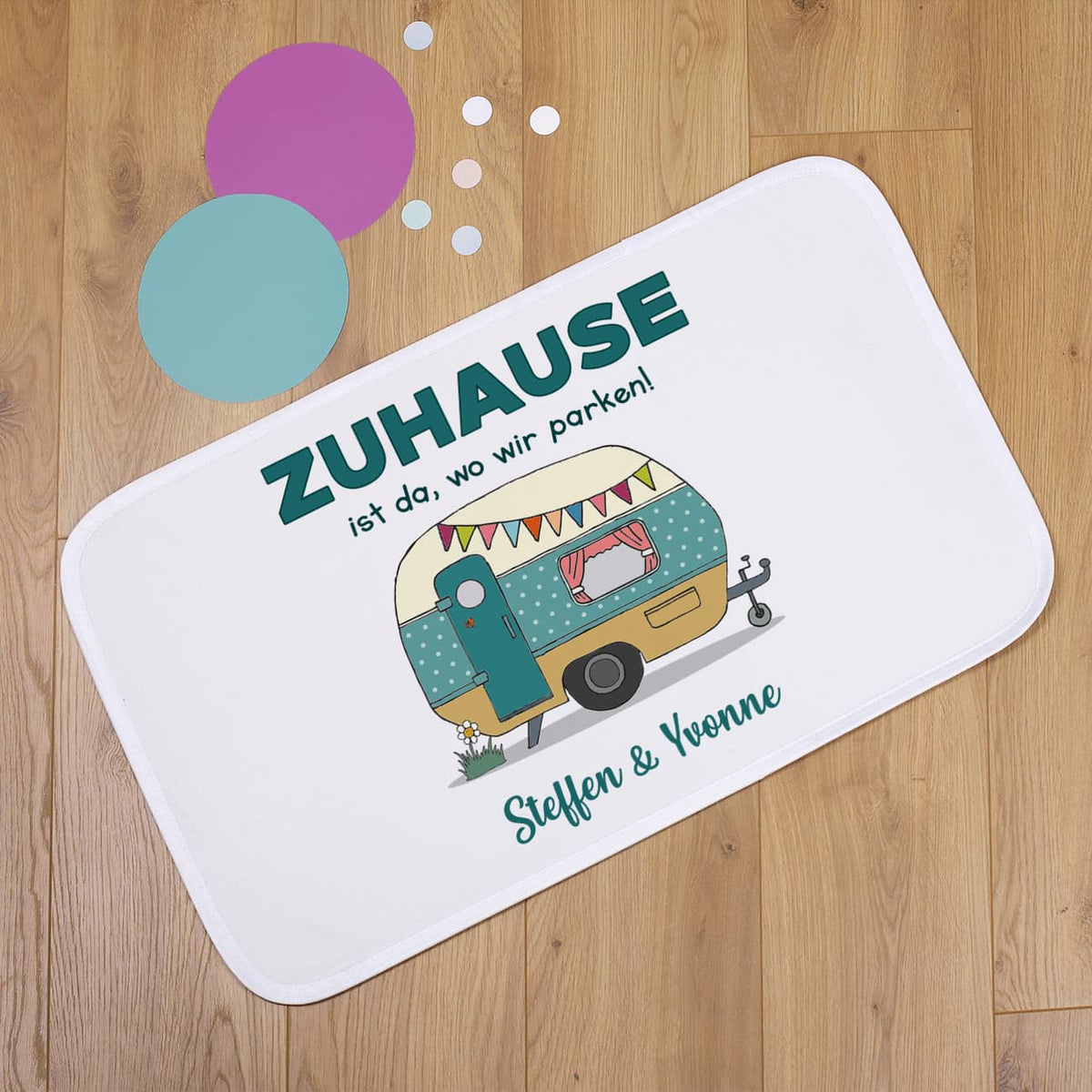 Camping Duschvorleger mit Wohnwagen und Wunschtext