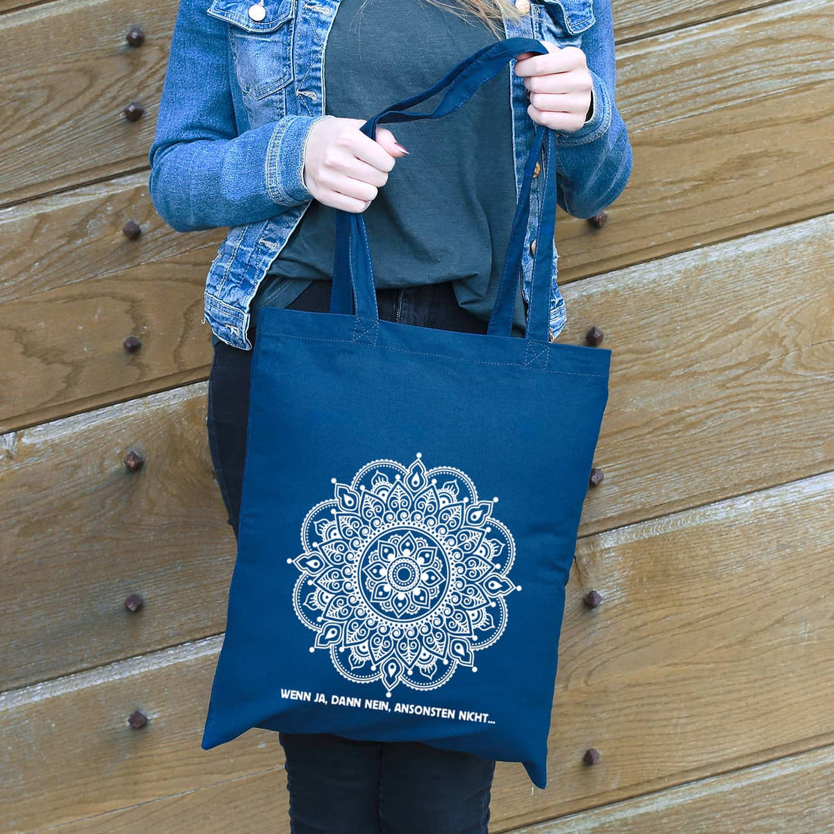 Beutel in dunkelblau mit Mandala und Wunschtext