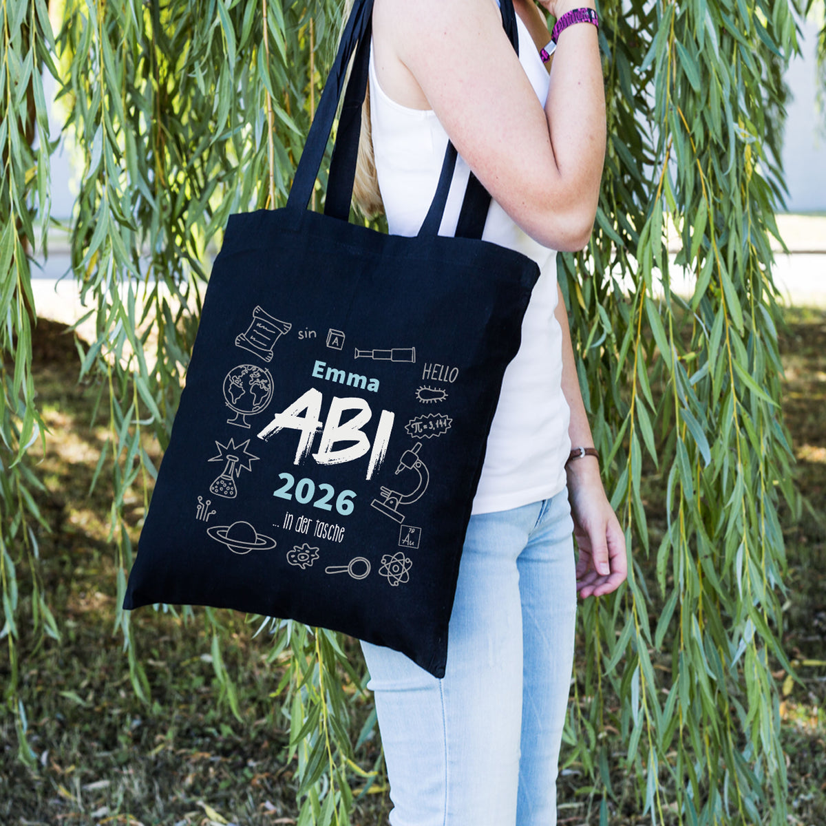 Baumwolltasche zum bestandenen Abitur mit Name "Emma", Jahr und Wunschtext