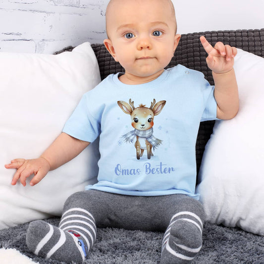 Babyshirt in blau mit Rentier und Wunschtext