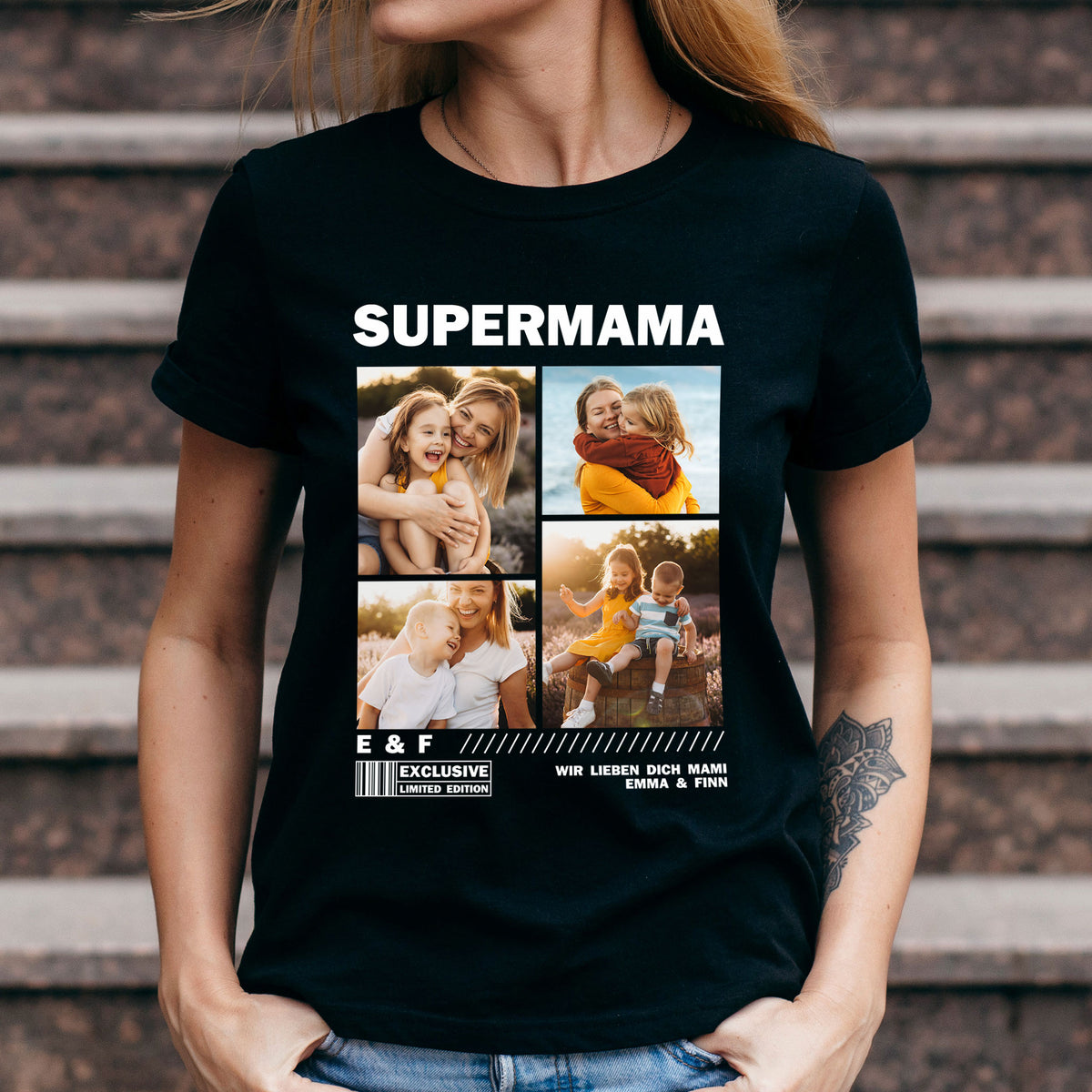 Personalisierbares Damen-T-Shirt mit vier Fotos und Wunschtext – Modell frontal getragen. Beispiel: Supermama