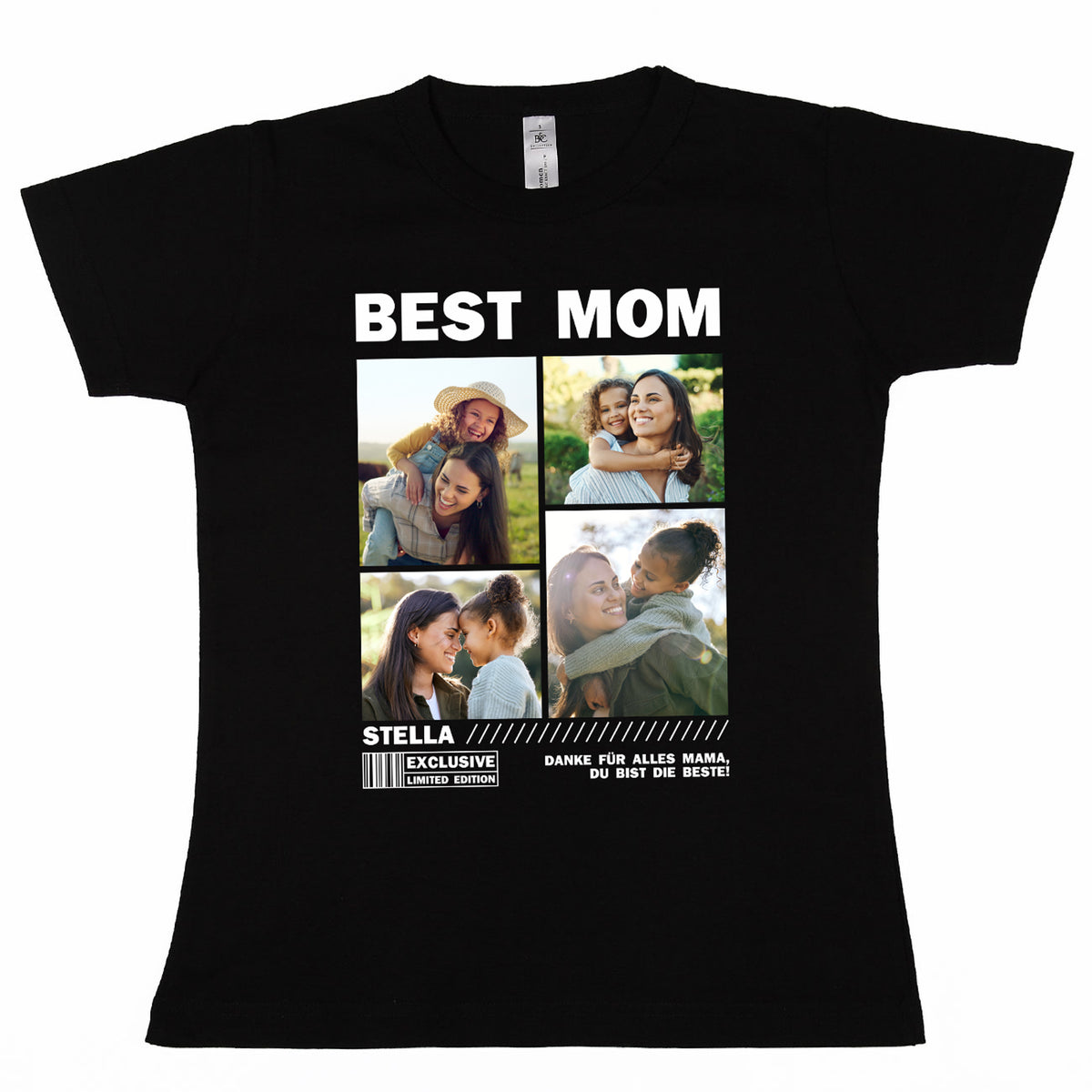 Schwarzes Damen-Fotocollage-Shirt mit Beispielaufdruck „BEST MOM“ – Frontansicht ohne Model