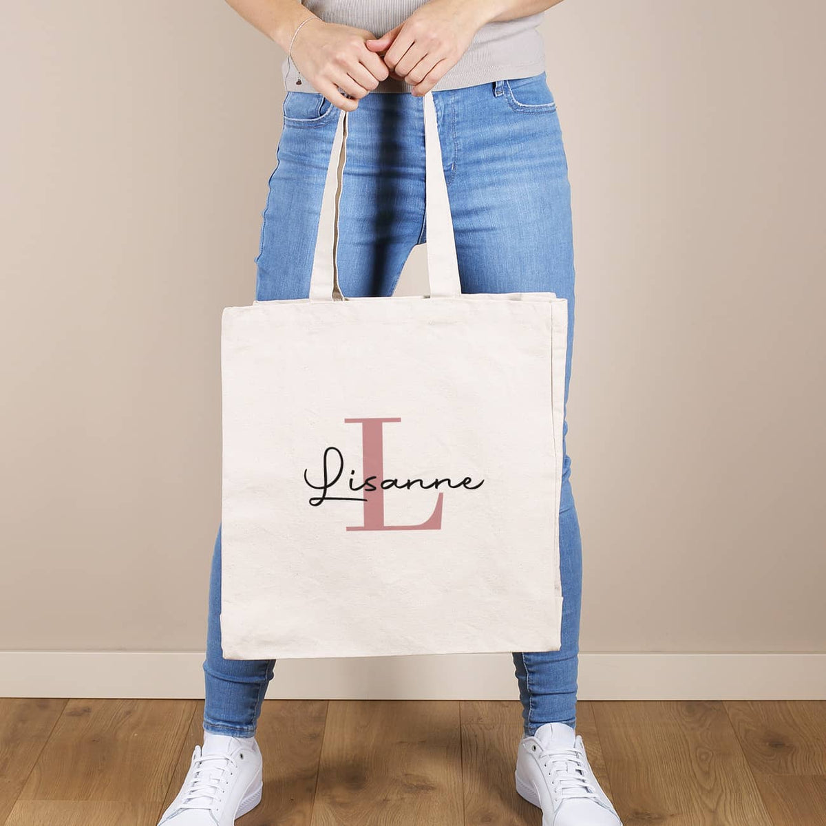 Rosa Initiale mit Name auf Baumwolltasche