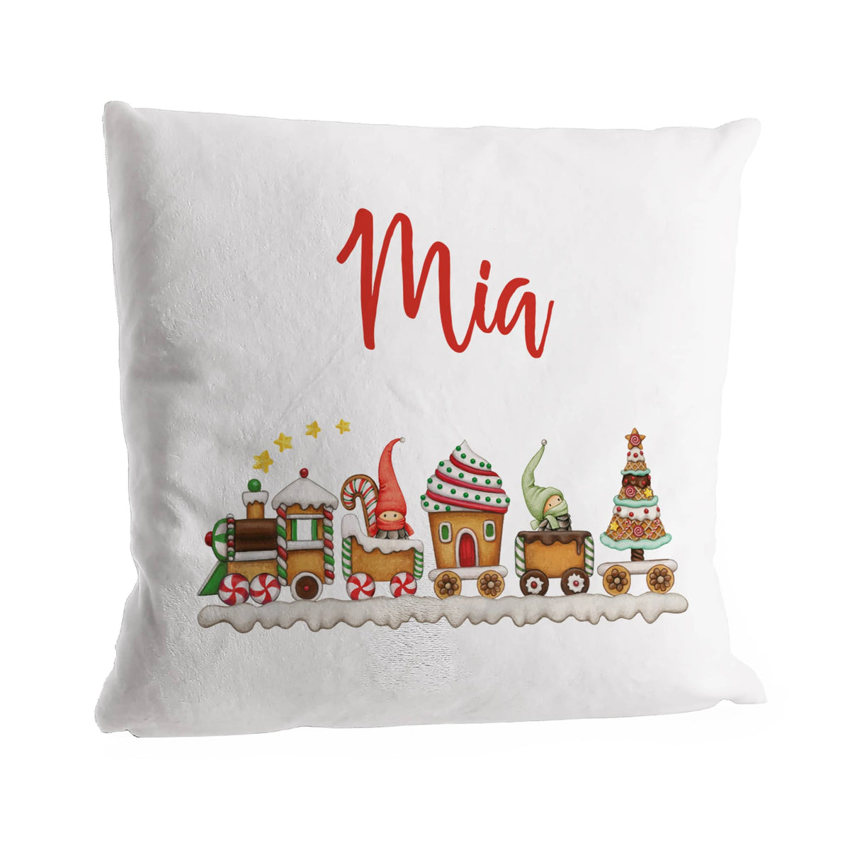 Flauschkissen für Kinder zu Weihnachten mit Wichtel Weihnachtszug Motiv und Name