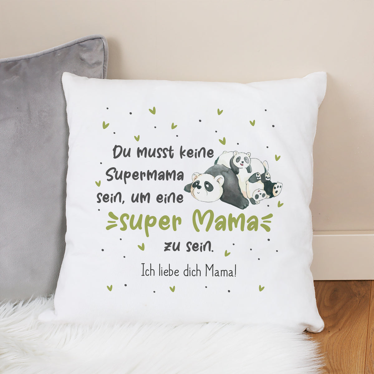 Kuschelkissen für Mama mit Panda Motiv und personalisiertem Text Ich liebe dich Mama
