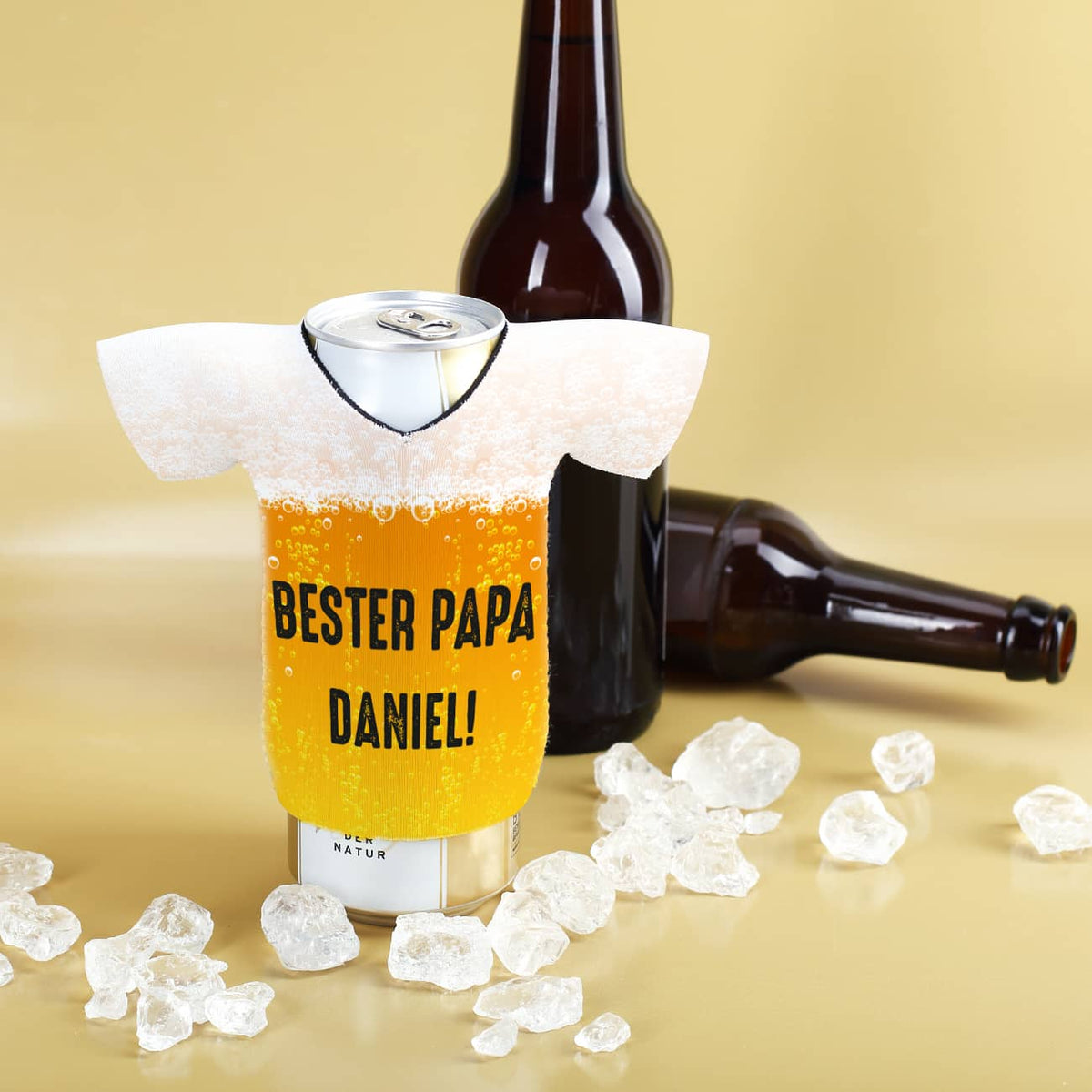Flaschen- oder Dosenkühler mit Biermuster und Ihrem Text