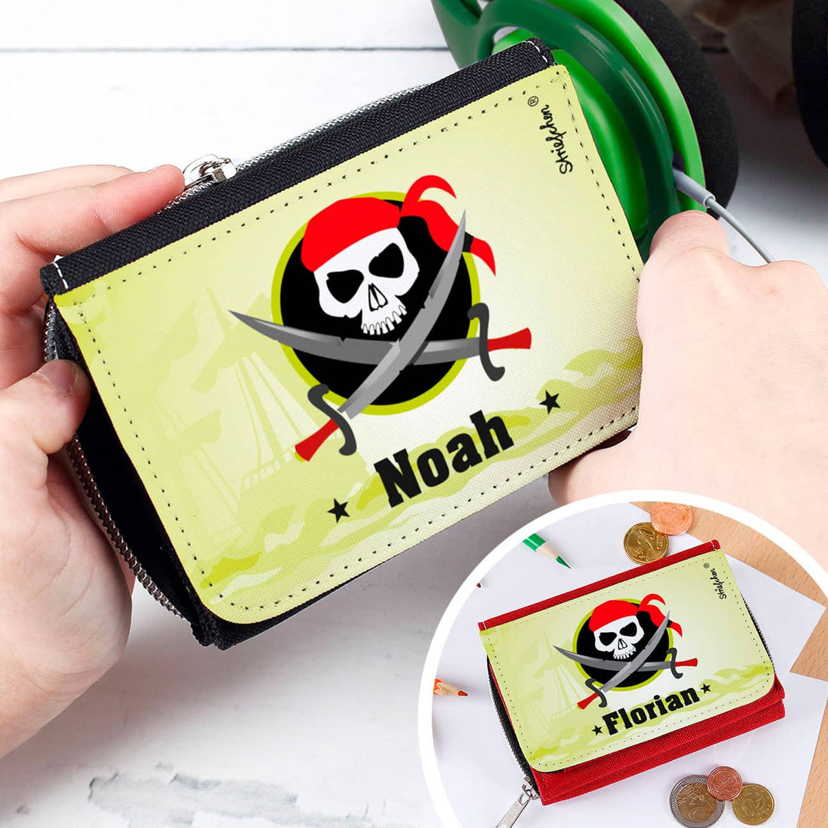 Geldbörse für Kinder mit Piratenmotiv in zwei verschiedenen Farben