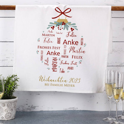 Persönliches Geschirrtuch zu Weihnachten mit 4 Namen und Wunschtext