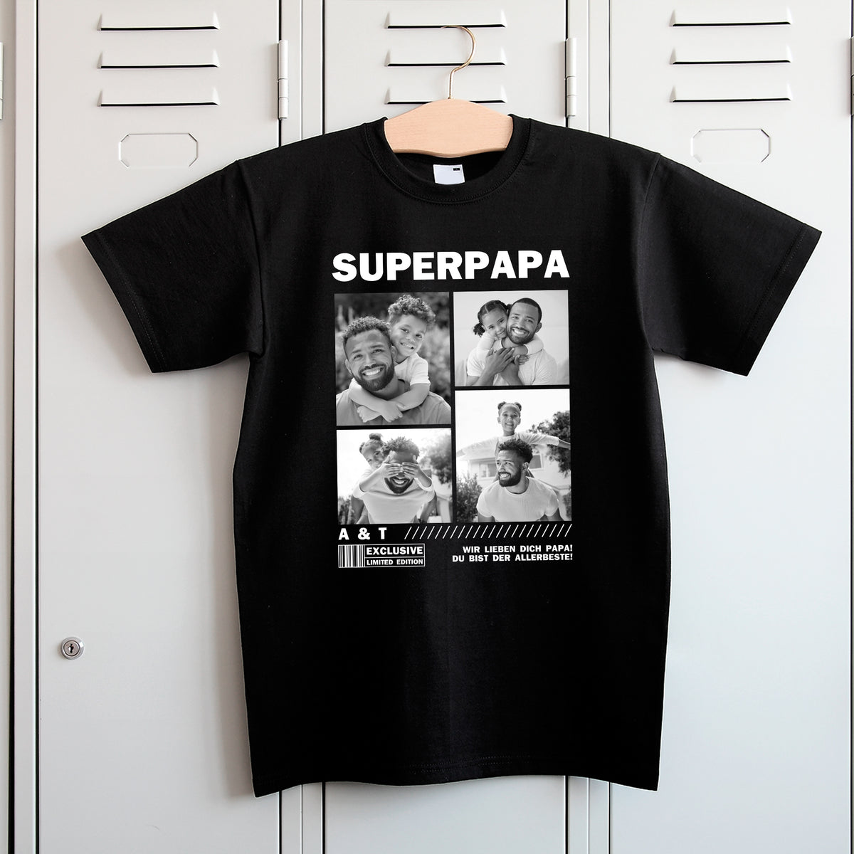 T-Shirt mit Aufdruck SUPERPAPA und vier schwarz-weißen Fotos von Papa mit Kind – personalisierbares Geschenk zum Männertag oder Vatertag