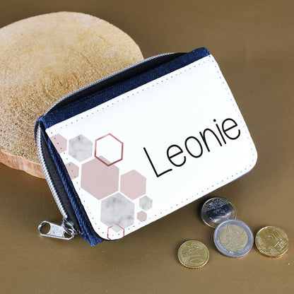 Kindergeldbörse mit Jeansoptik und roséfarbenem grafischen Motiv und Name