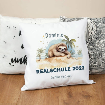 Kissen mit Faultier, Name und Wunschtext - Geschenk zu ABI & Schulabschluss
