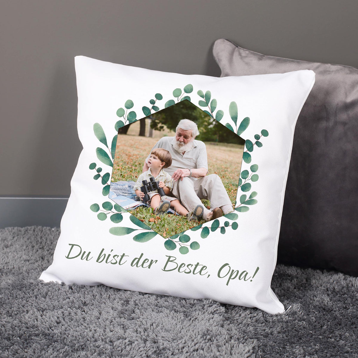 Kissen mit Ihrem Familienfoto und Wunschtext | Motiv: Eukalyptuskranz
