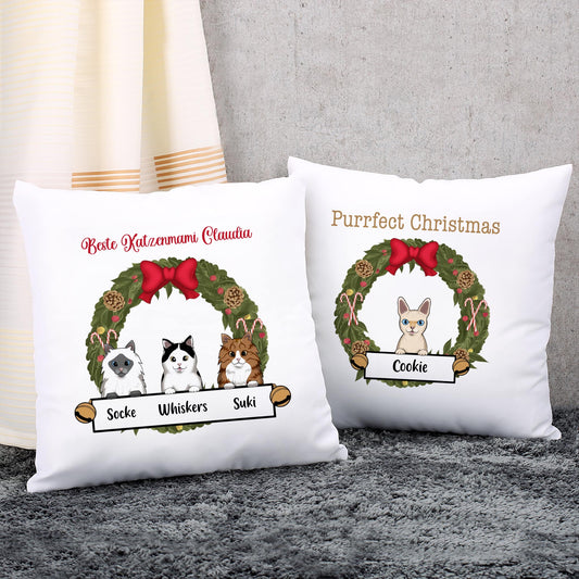 Kissen mit weihnachtlichem Katzenmotiv - 1 bis 3 Katzen möglich