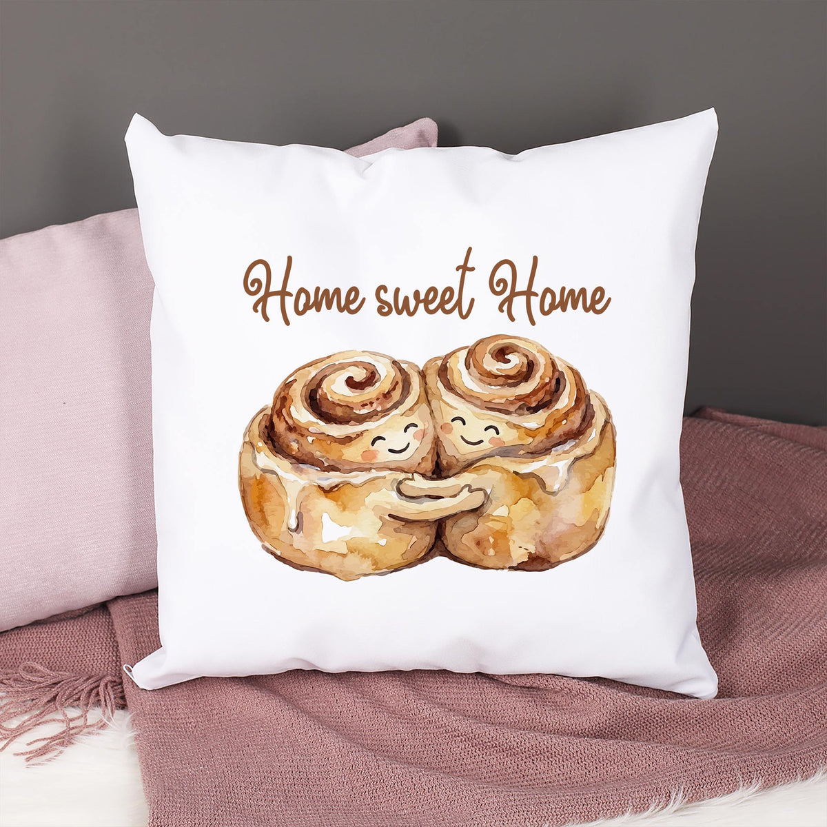 Personalisiertes Zimtschnecken Kissen mit Wunschtext Home sweet Home als Geschenk zum Einzug