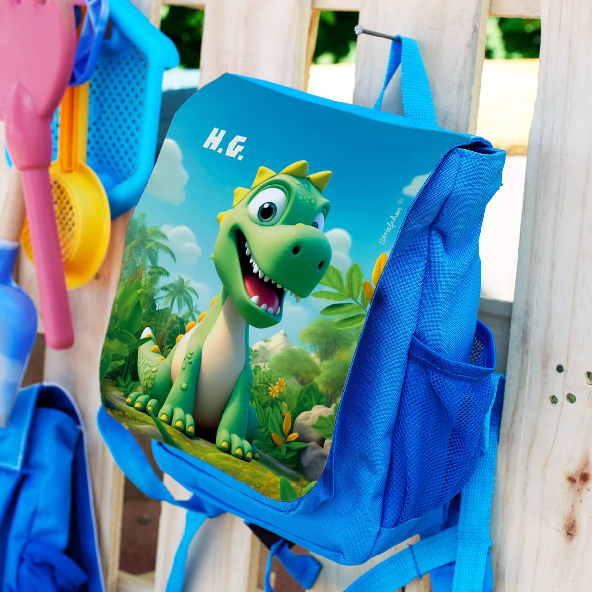 Kinder-Gartenrucksack mit Dinosaurier und Initialen