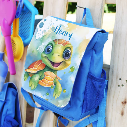 Kinderrucksack in Blau mit Name & Schildkröte bedruckt