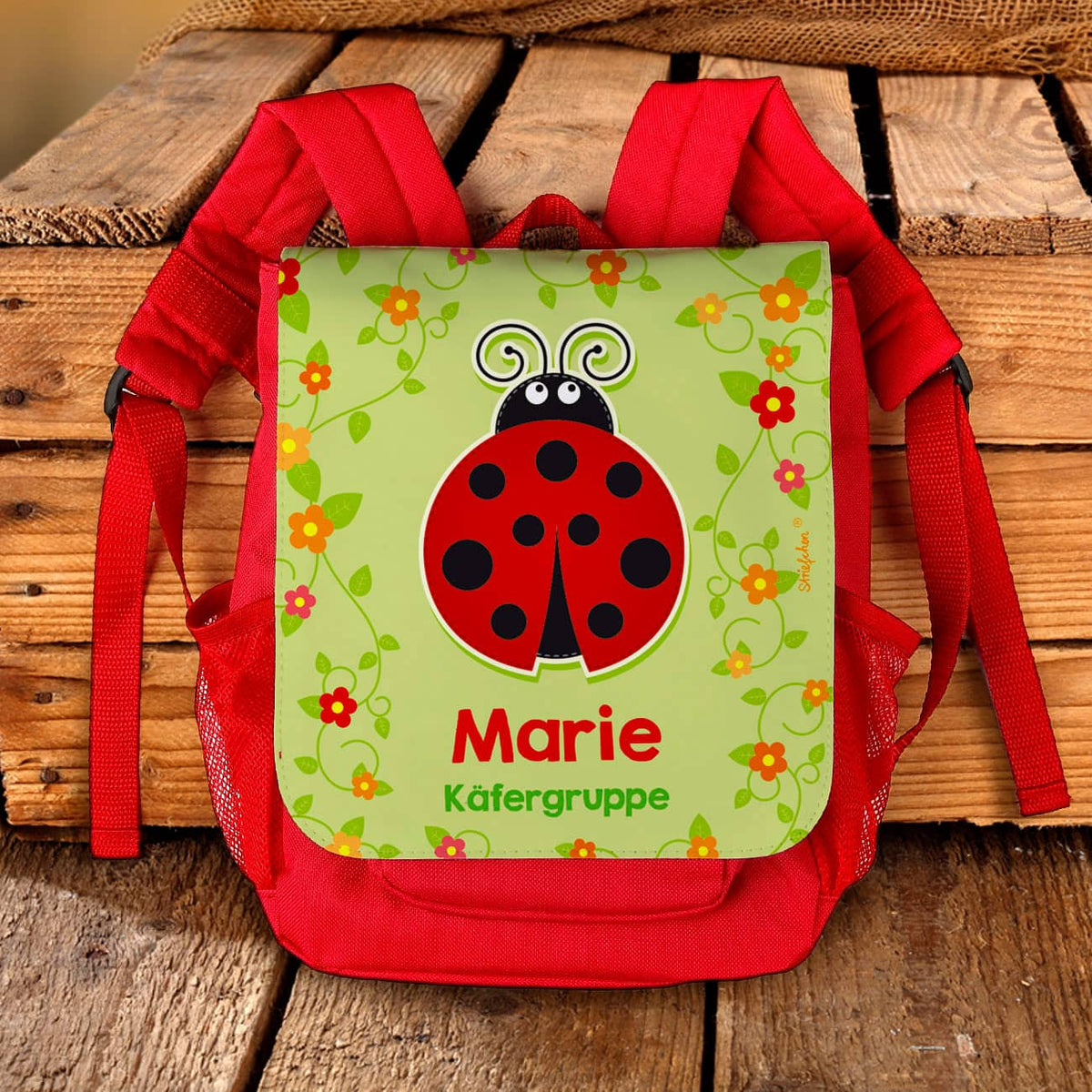 Kindergarten-Rucksack Marienkäfer mit Name und Zusatztext