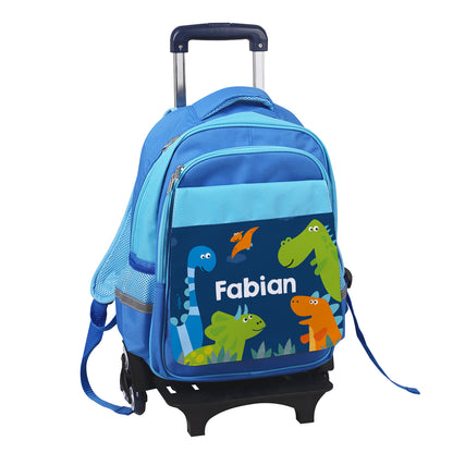 Kindertrolley mit Dino Motiv und Name bedruckt freigestellt auf weißem Hintergrund