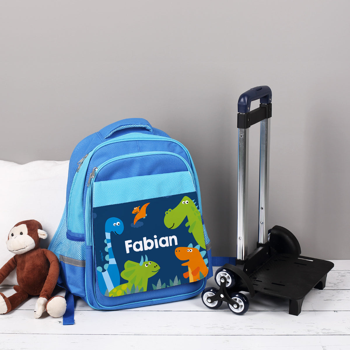 Kindertrolley mit Dino Motiv und Name bedruckt auseinandergebaut