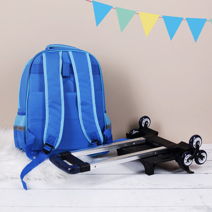 Rückseite des Kindertrolley mit Dino Motiv und Name bedruckt auseinandergebaut