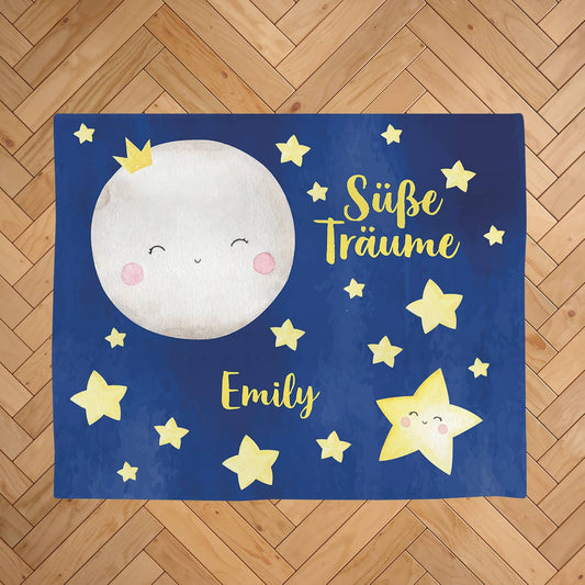 Personalisierte Baby Kuscheldecke mit Sternchen und Mond Motiv