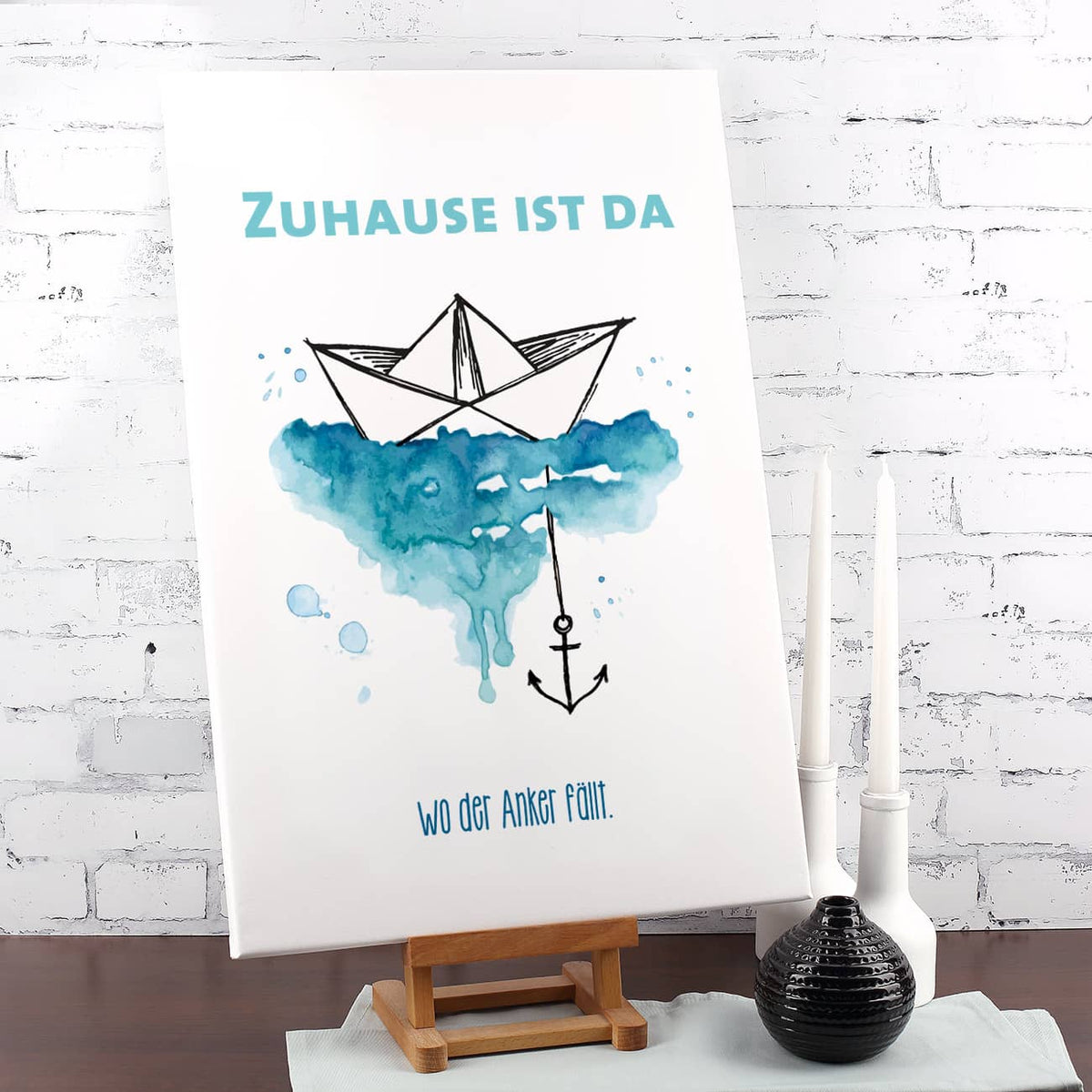 Leinwand mit Papierschiffchen, Anker und Wunschtext 60x40cm