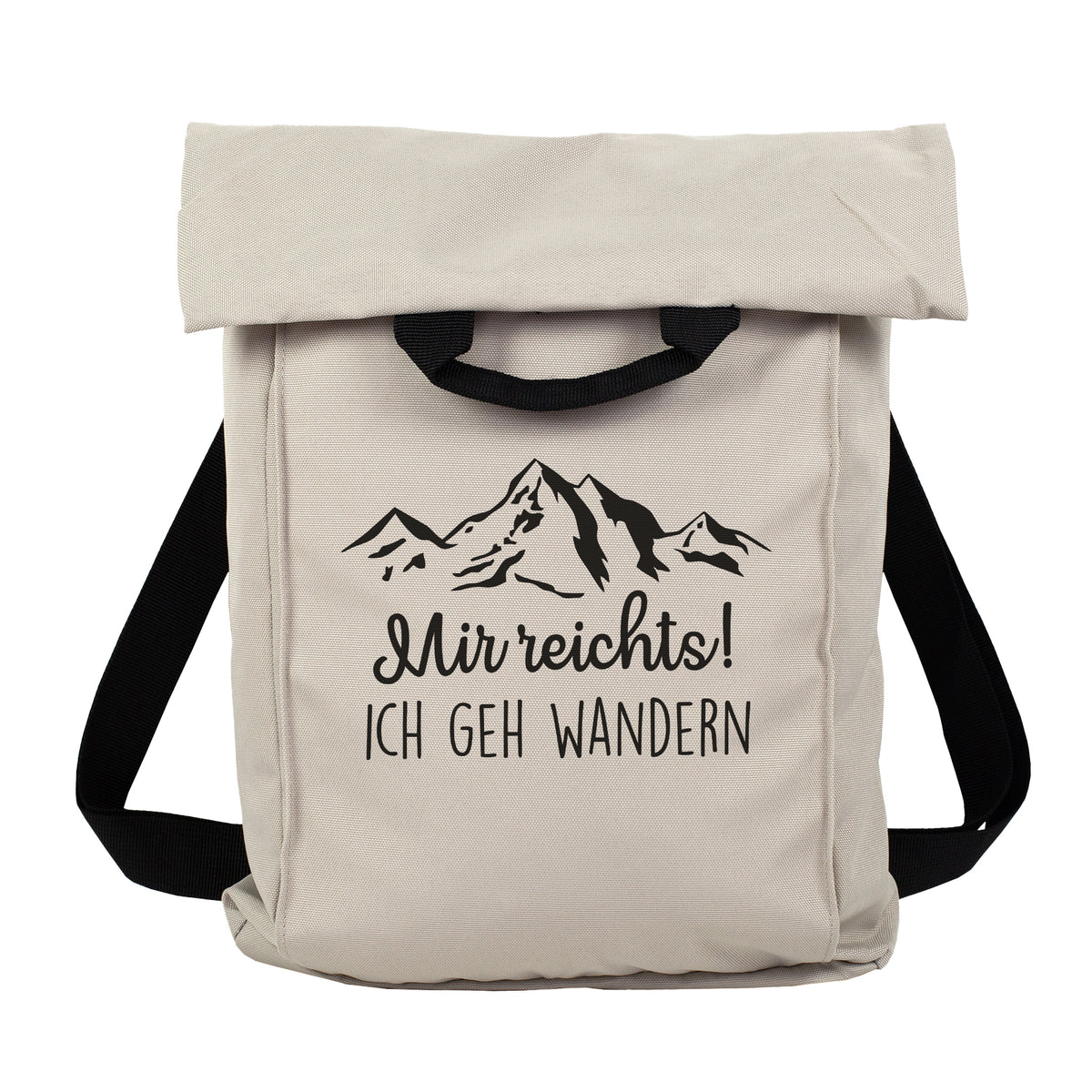 Beiger Rucksack mit Bergmotiv und zweizeiligem Wunschtext zum Wandern